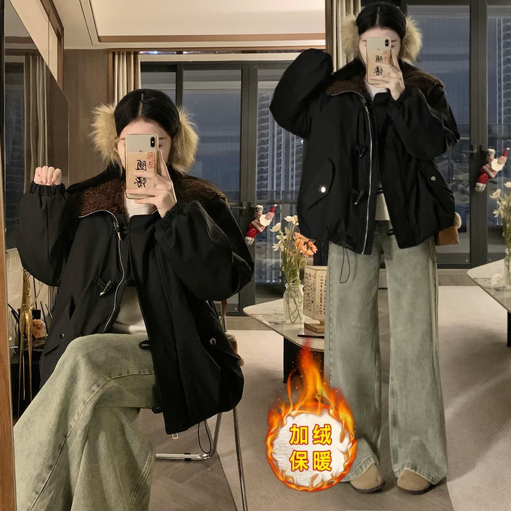 겨울 면 옷 새로운 단색 루즈핏 패션 양털 플리스 모피 칼라 후드 털이 있고 두꺼운 면 의류 여성 의류 재킷 이미지 2
