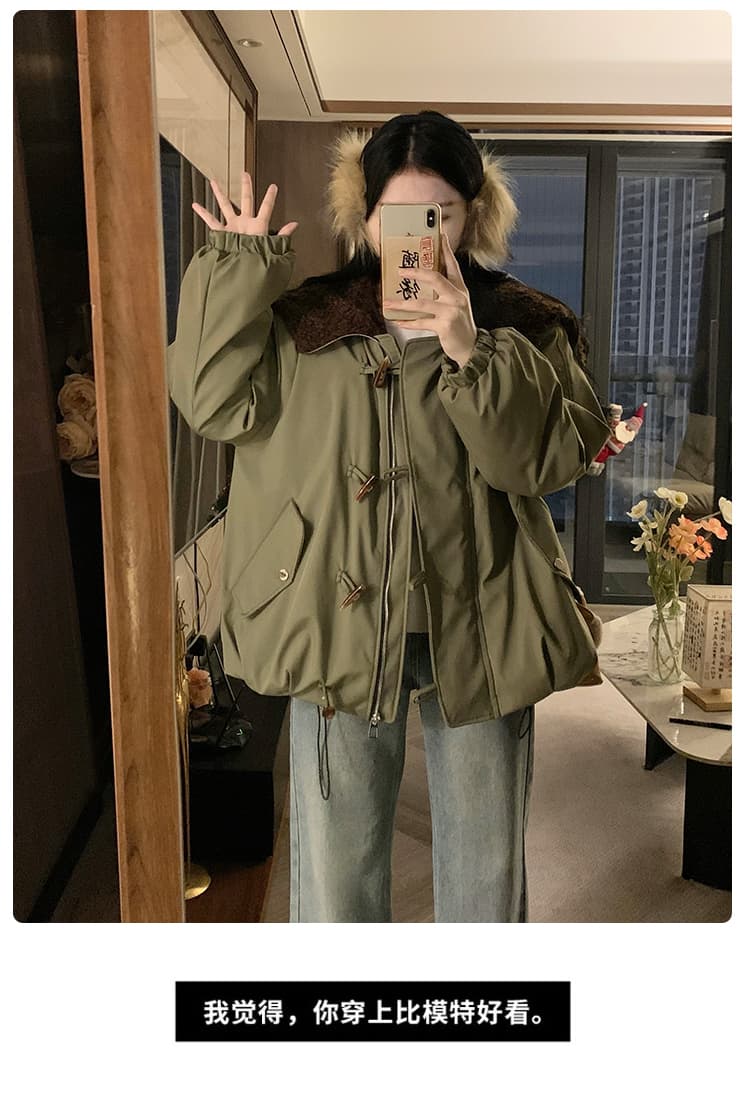겨울 면 옷 새로운 단색 루즈핏 패션 양털 플리스 모피 칼라 후드 털이 있고 두꺼운 면 의류 여성 의류 재킷 상세 이미지 6