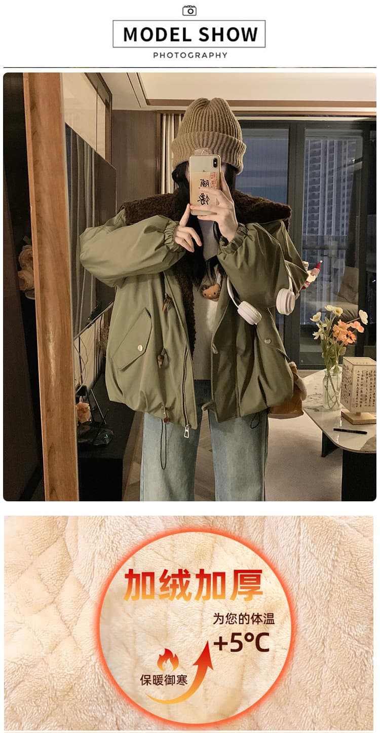 겨울 면 옷 새로운 단색 루즈핏 패션 양털 플리스 모피 칼라 후드 털이 있고 두꺼운 면 의류 여성 의류 재킷 상세 이미지 7