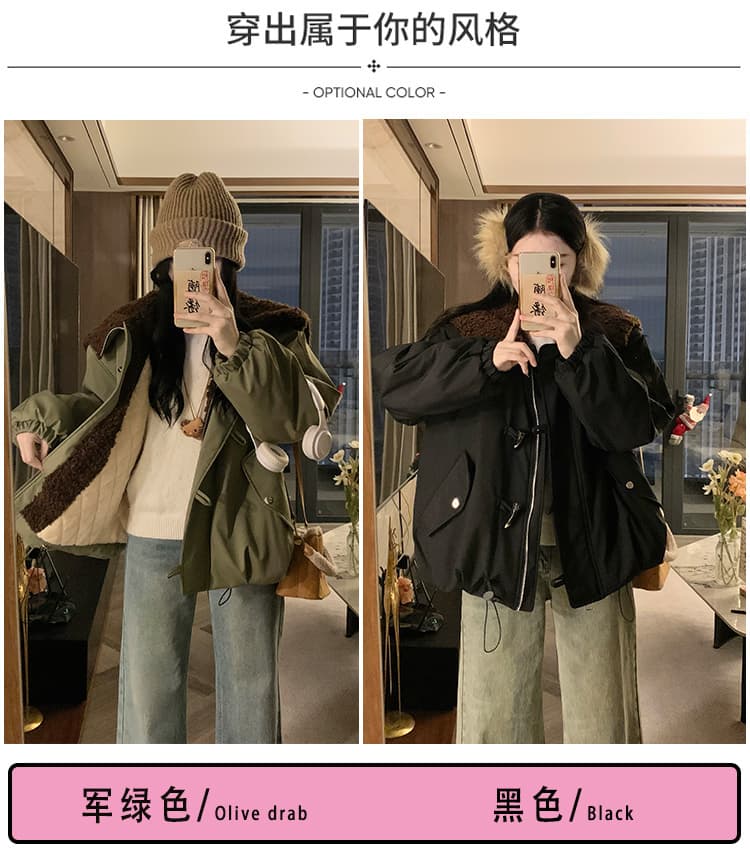 겨울 면 옷 새로운 단색 루즈핏 패션 양털 플리스 모피 칼라 후드 털이 있고 두꺼운 면 의류 여성 의류 재킷 상세 이미지 9