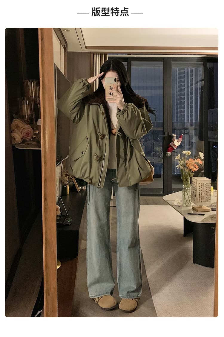 겨울 면 옷 새로운 단색 루즈핏 패션 양털 플리스 모피 칼라 후드 털이 있고 두꺼운 면 의류 여성 의류 재킷 상세 이미지 10