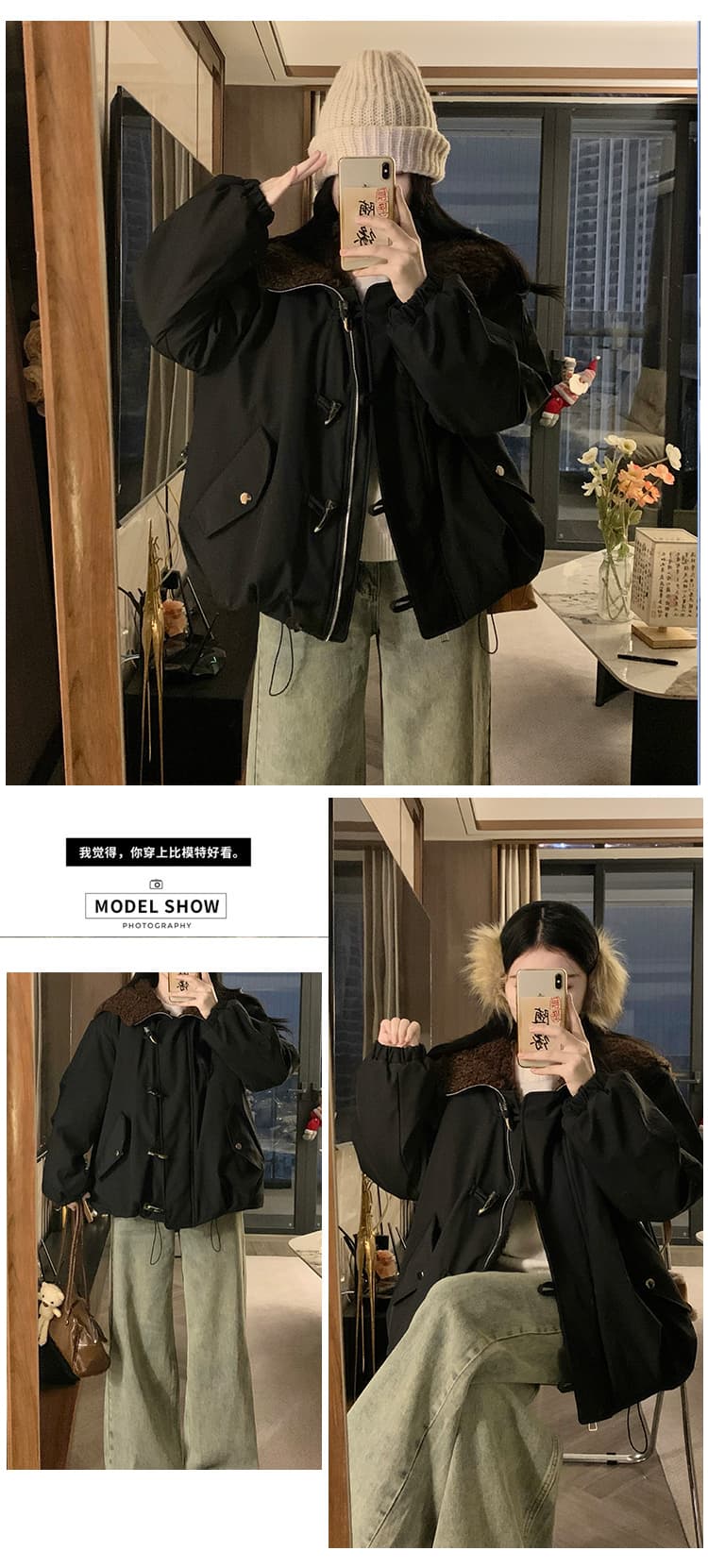 겨울 면 옷 새로운 단색 루즈핏 패션 양털 플리스 모피 칼라 후드 털이 있고 두꺼운 면 의류 여성 의류 재킷 상세 이미지 12