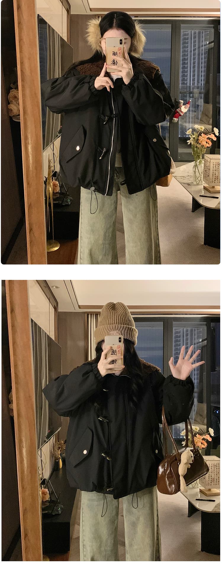 겨울 면 옷 새로운 단색 루즈핏 패션 양털 플리스 모피 칼라 후드 털이 있고 두꺼운 면 의류 여성 의류 재킷 상세 이미지 14