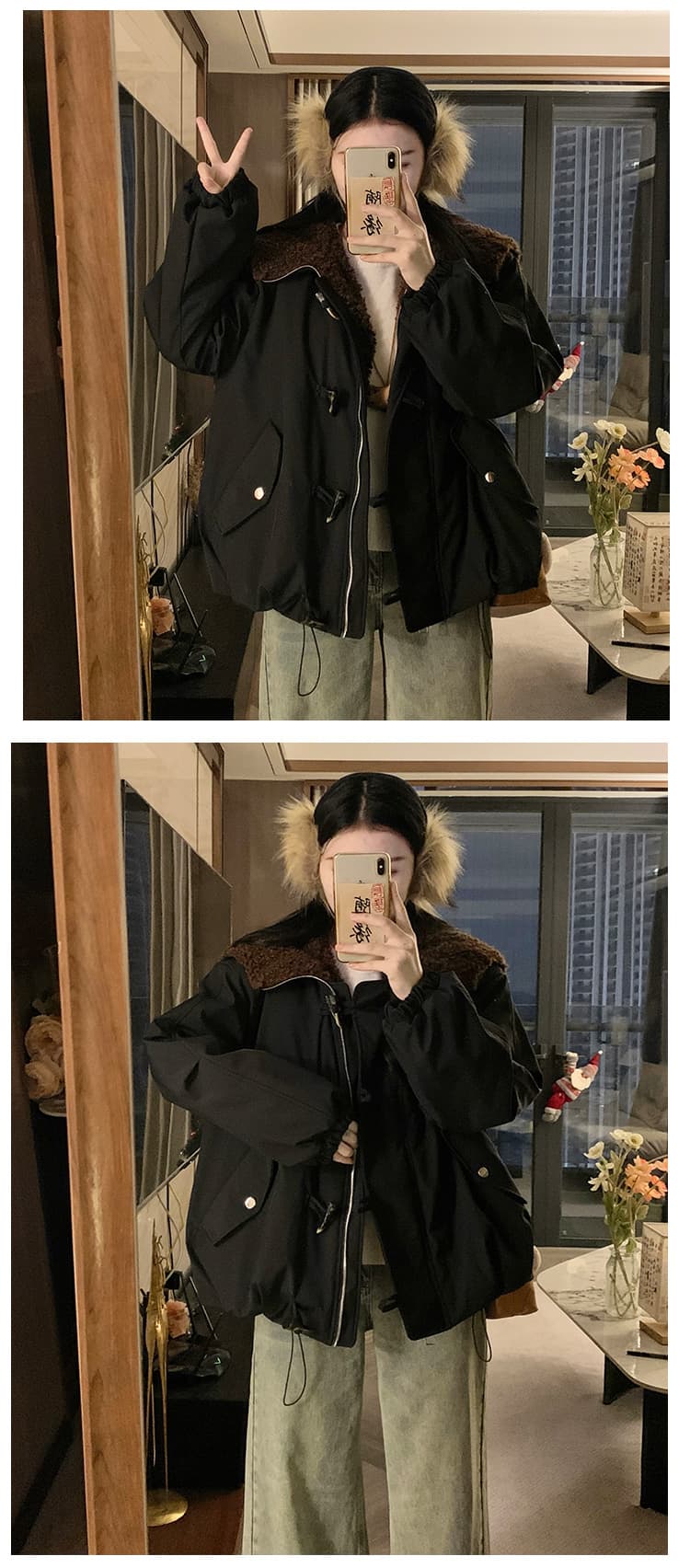 겨울 면 옷 새로운 단색 루즈핏 패션 양털 플리스 모피 칼라 후드 털이 있고 두꺼운 면 의류 여성 의류 재킷 상세 이미지 15