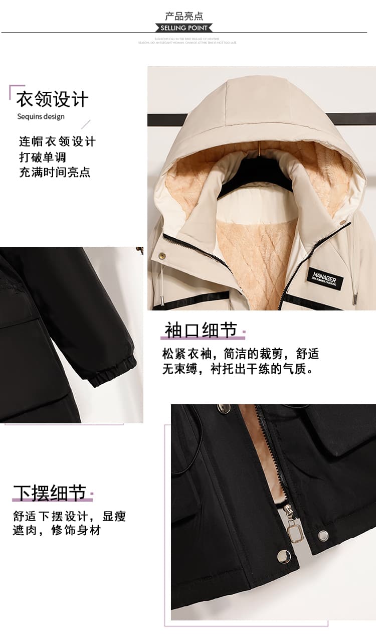 겨울 면 의류 새로운 단색 후드 바람막이 털이 있는 재킷 학원 스타일 캐주얼 루즈핏 허리 수축 슬림해 보이는 면 옷 여성 상세 이미지 5