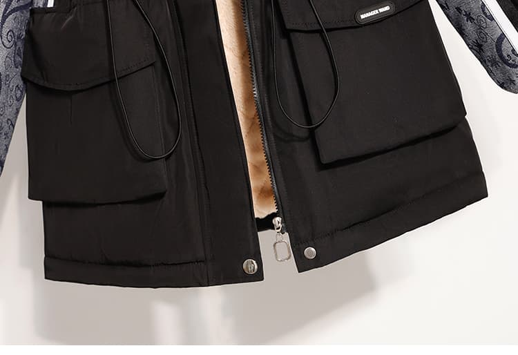 여성 의류 면 옷 새로운 후드 패치워크 단색 워크웨어 털이 있고 두꺼운 보온 면 옷 캐주얼 루즈핏 방수 면 의류 상세 이미지 31
