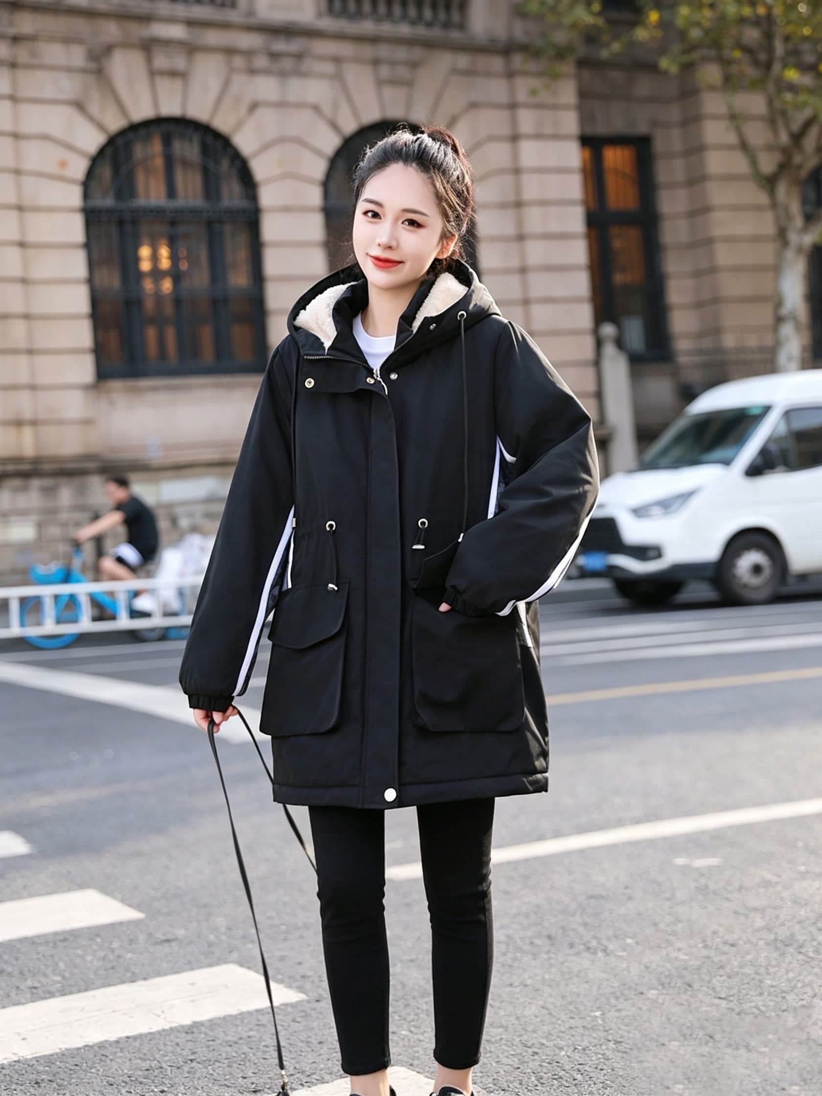 여성 의류 면 옷 새로운 후드 패치워크 단색 워크웨어 털이 있고 두꺼운 보온 면 옷 캐주얼 루즈핏 방수 면 의류 이미지 3