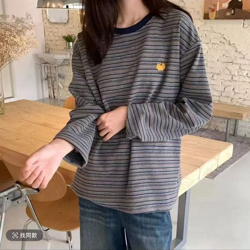 한국 레트로 다용도 배색 스트라이프 긴팔 티셔츠 자수 호박 도파민 루즈핏 느긋한 바람 캐주얼 맨위 상세 이미지 2