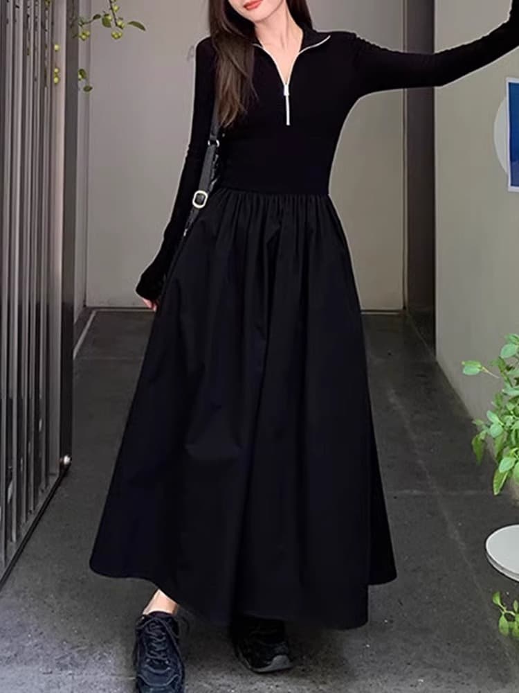 그는 벤 바람 검정색 긴팔 니트 여성 드레스 봄 가을 2026 새로운 고급 센스 프랑스식 품격 길다 치마 상세 이미지 9
