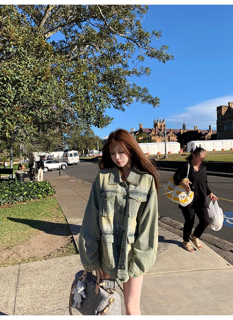 suuuicee 단 닝 웨이브 아메리칸 루즈핏 마 오래된 알파벳 프린트 데님 재킷 캐주얼 워크웨어 재킷 상세 이미지 3