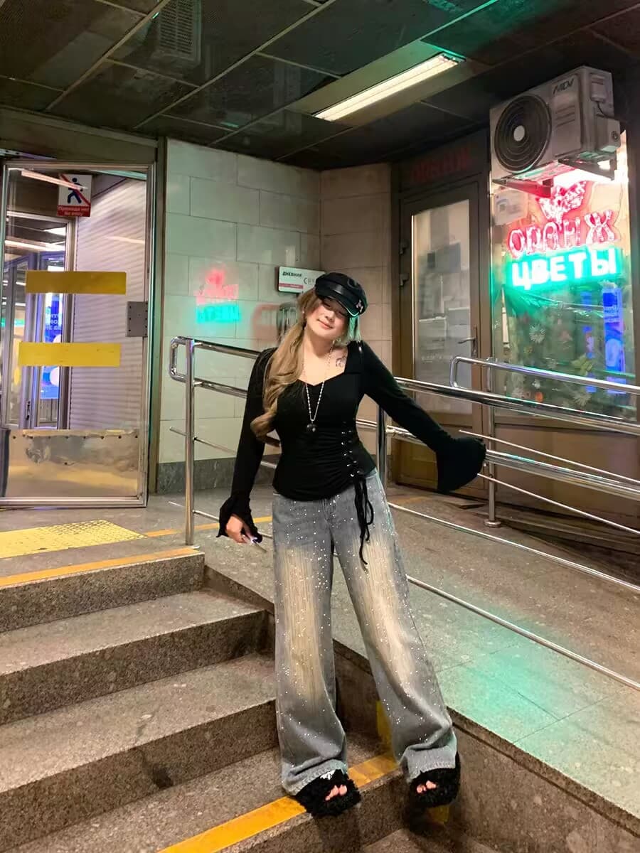 애니 아니요 화재 반 고흐 싱어 표지 넓적 다리 디스플레이 다리 길이 넓은 다리 청바지 여성 마이크로 지방 빅 사이즈 무거운 작업 핫픽스 청바지