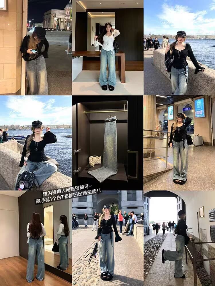 애니 아니요 화재 반 고흐 싱어 표지 넓적 다리 디스플레이 다리 길이 넓은 다리 청바지 여성 마이크로 지방 빅 사이즈 무거운 작업 핫픽스 청바지 이미지 2