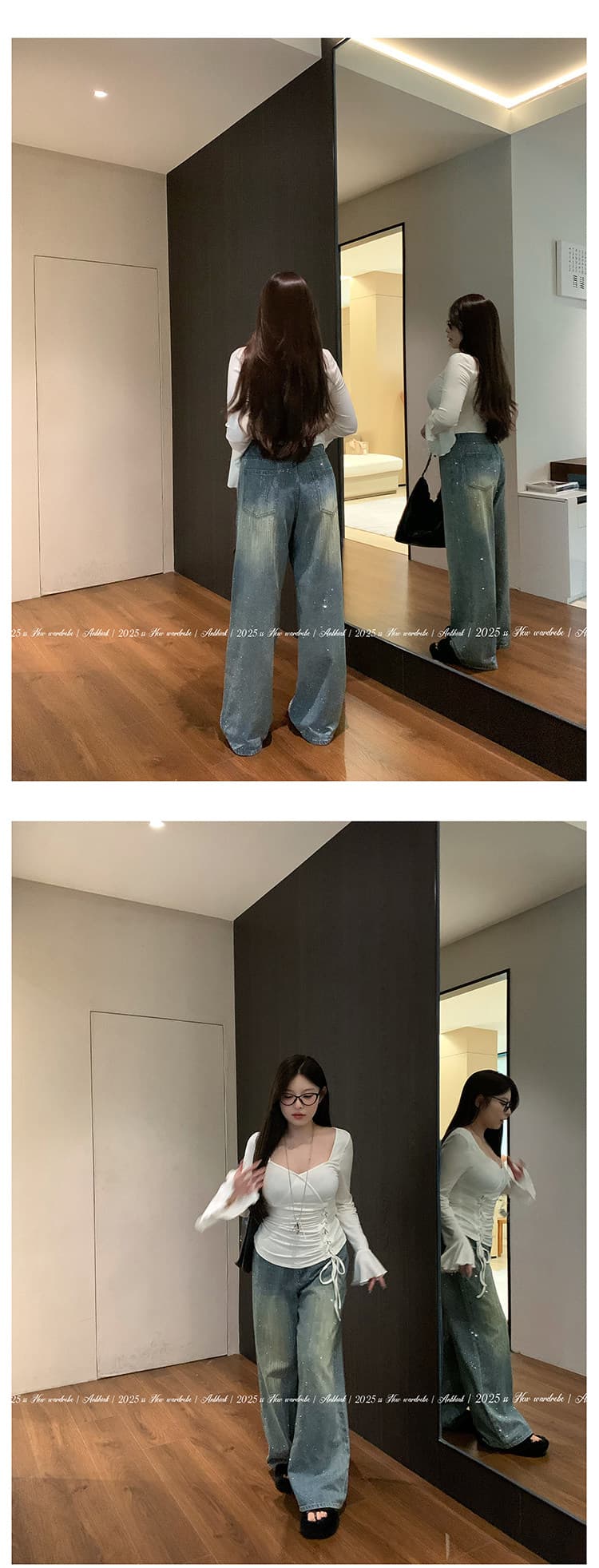 애니 아니요 화재 반 고흐 싱어 표지 넓적 다리 디스플레이 다리 길이 넓은 다리 청바지 여성 마이크로 지방 빅 사이즈 무거운 작업 핫픽스 청바지 상세 이미지 7