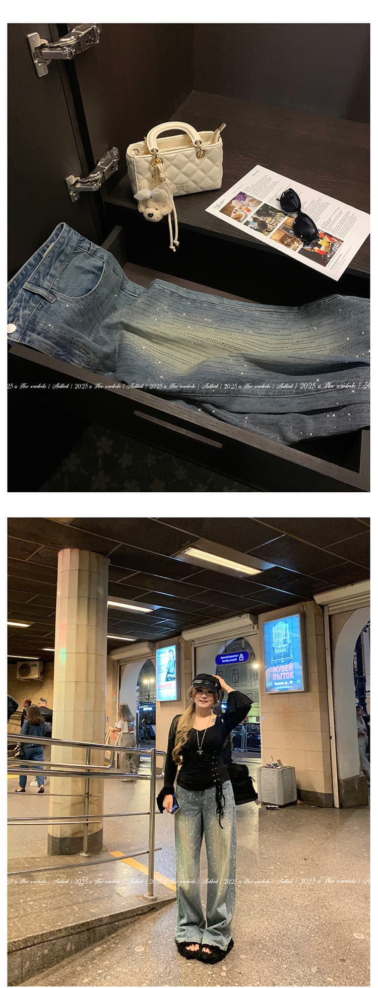 애니 아니요 화재 반 고흐 싱어 표지 넓적 다리 디스플레이 다리 길이 넓은 다리 청바지 여성 마이크로 지방 빅 사이즈 무거운 작업 핫픽스 청바지 상세 이미지 12