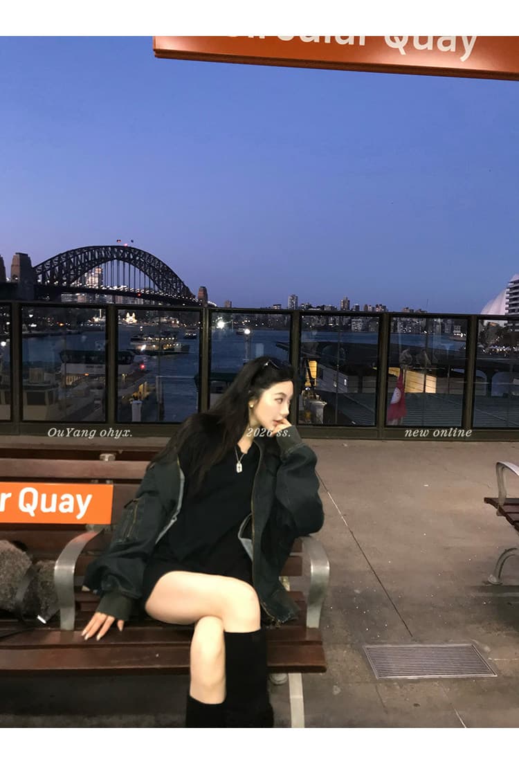 지구 Ouyang 박 색상 영어 같은 단락 바 홈 jack 무거운 대나무 마디 마 오래된 누룩 연삭 데님 재킷 야구 유니폼 상세 이미지 8