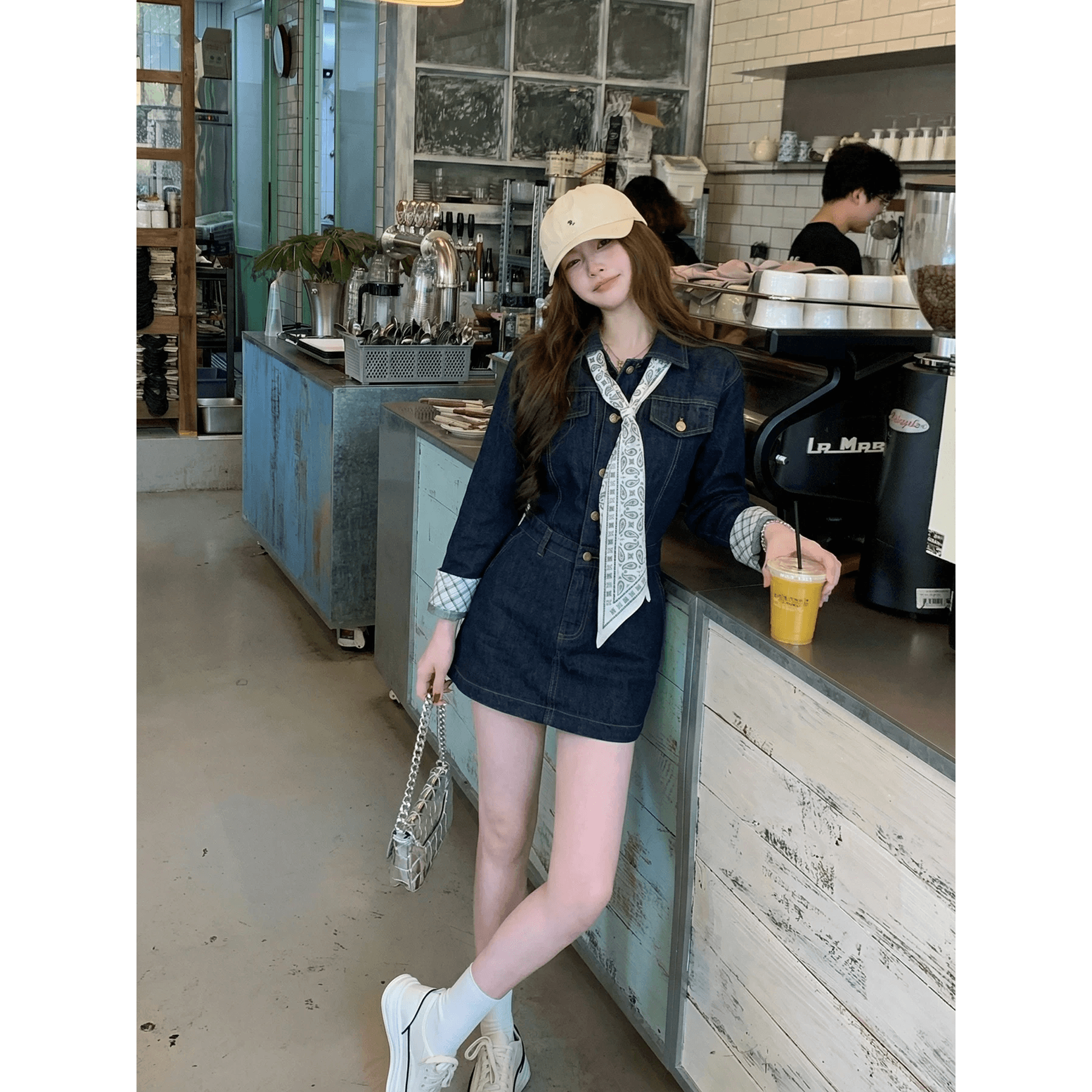 huangzuozuo 주오 주오 작은 집 개인 패치워크 체크무늬 소매 폴로 칼라 데님 드레스 봄 여름 여성 치마 이미지 5