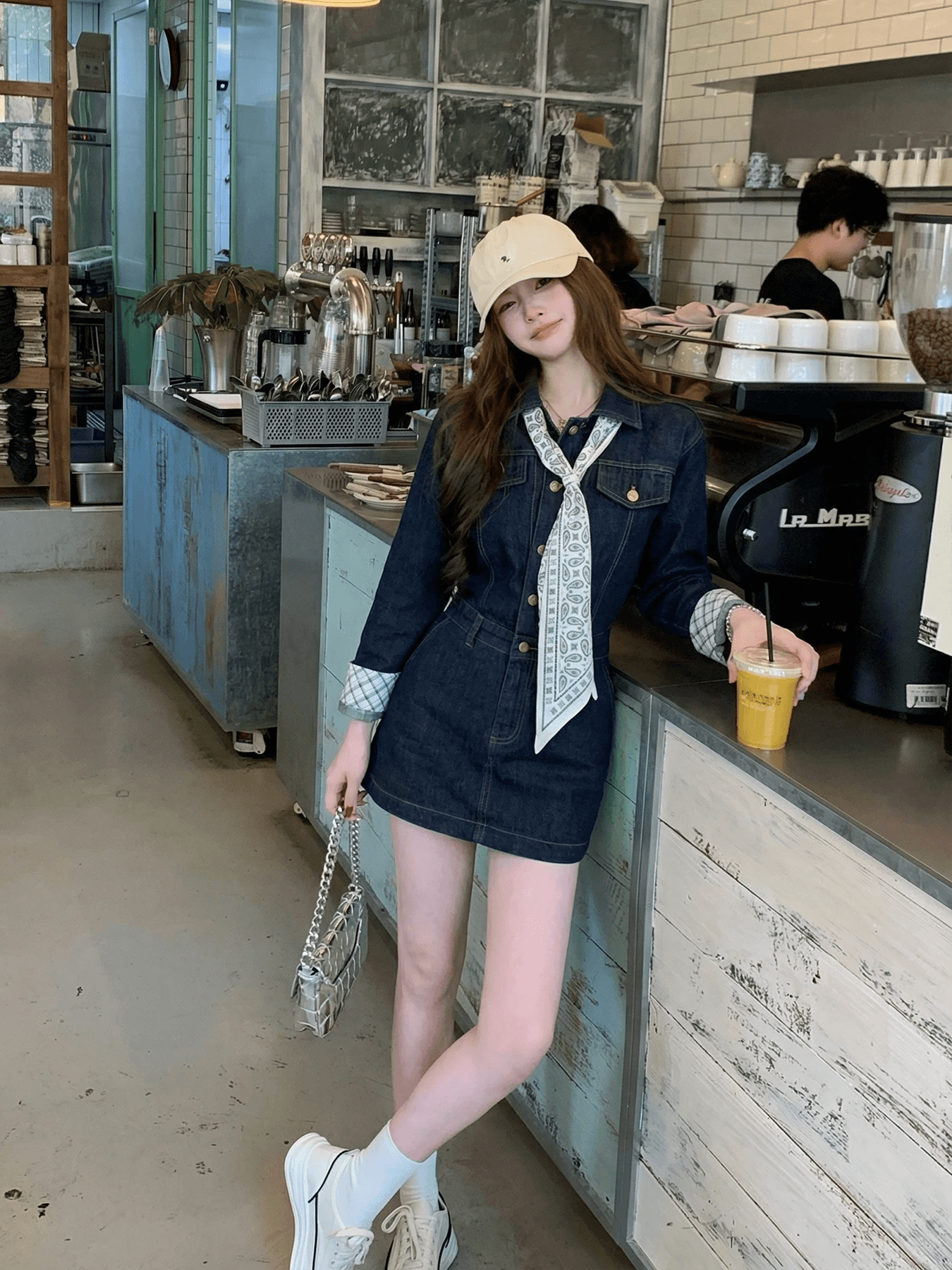 huangzuozuo 주오 주오 작은 집 개인 패치워크 체크무늬 소매 폴로 칼라 데님 드레스 봄 여름 여성 치마 상세 이미지 1