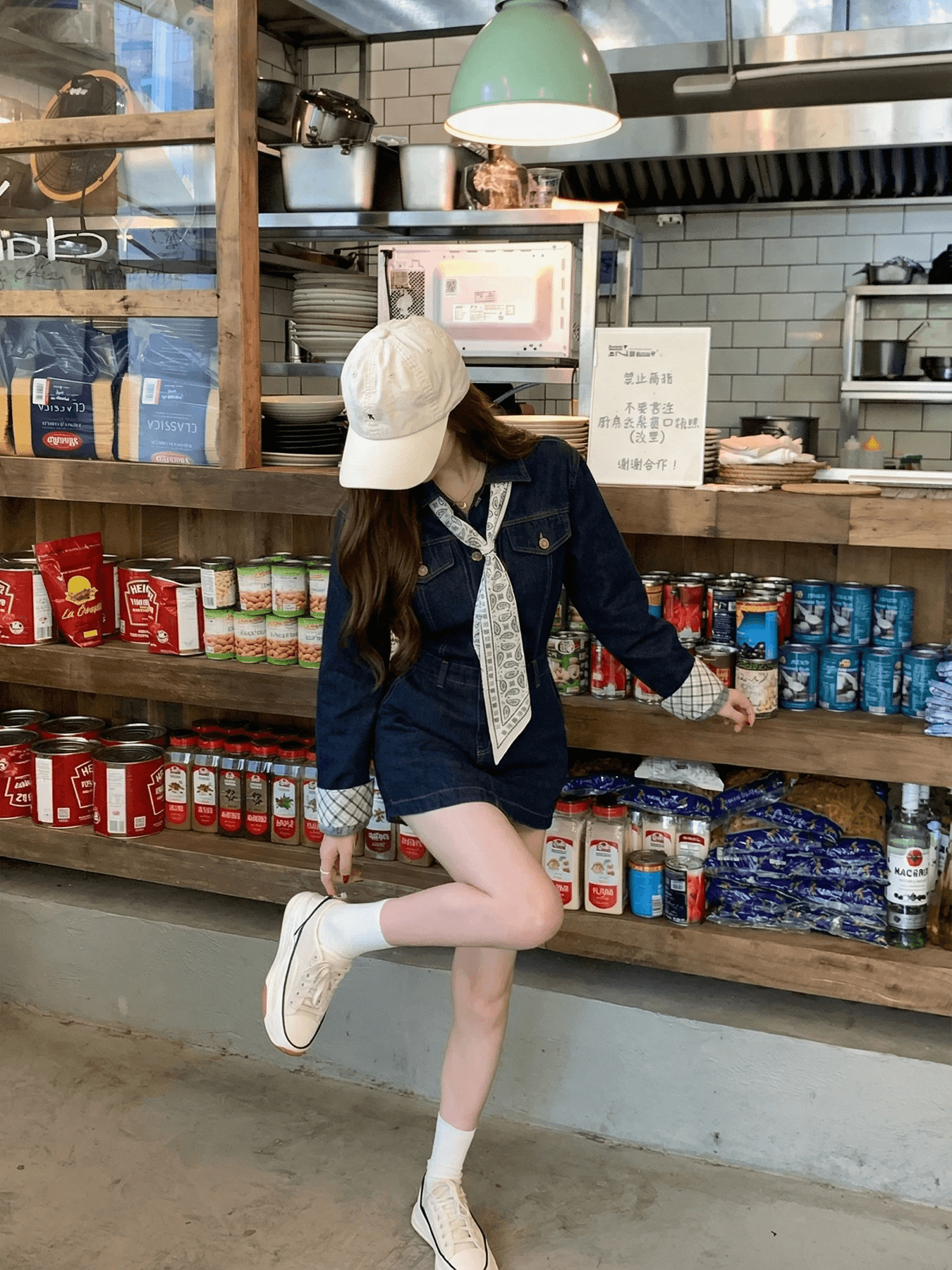 huangzuozuo 주오 주오 작은 집 개인 패치워크 체크무늬 소매 폴로 칼라 데님 드레스 봄 여름 여성 치마 상세 이미지 2