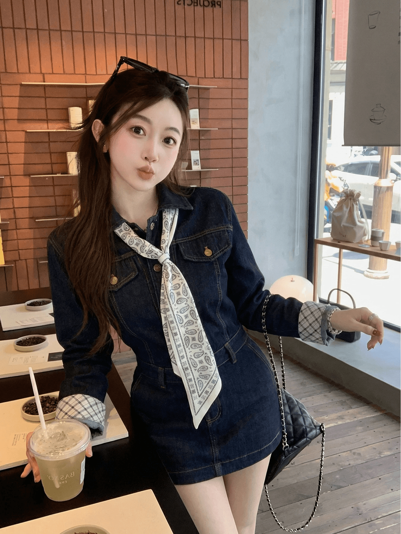 huangzuozuo 주오 주오 작은 집 개인 패치워크 체크무늬 소매 폴로 칼라 데님 드레스 봄 여름 여성 치마 상세 이미지 3