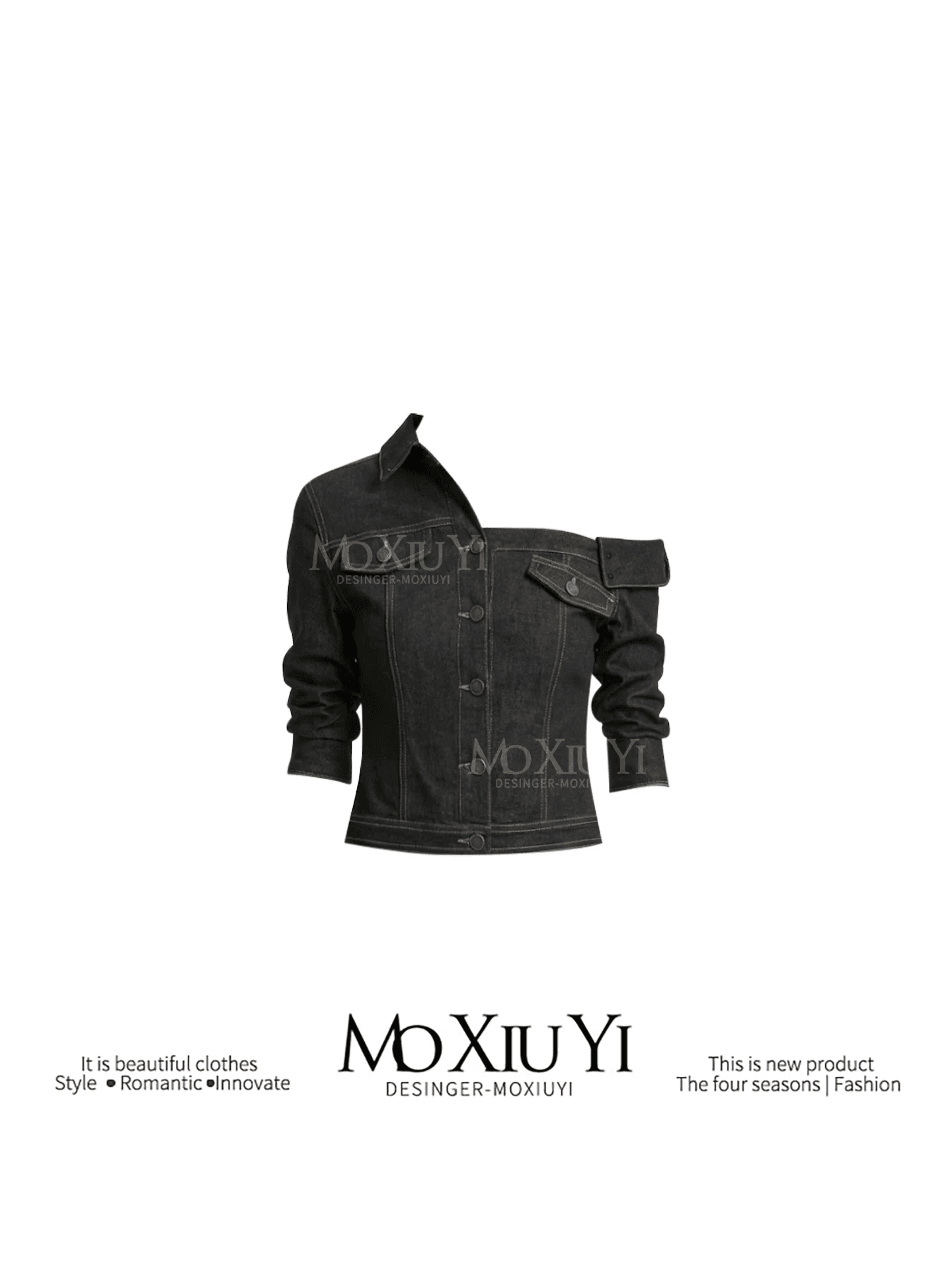 moxiuyi st 디자인 작은 대중 핫걸 레트로 개성 비대칭 비스듬한 어깨 중간 소매 데님 셔츠 이미지 3