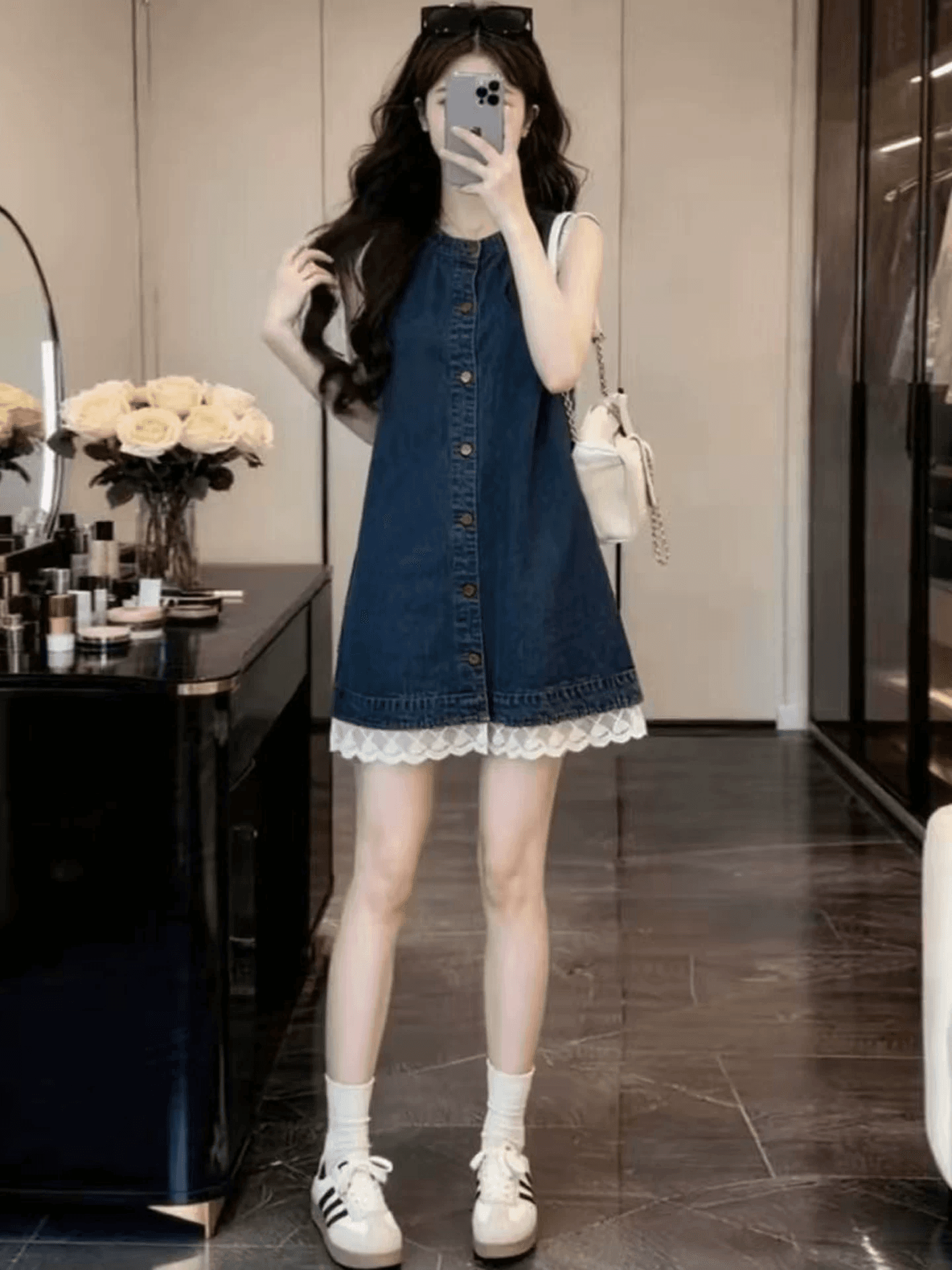 자이언트 잘 생긴 ~ 중 데님 여성 드레스 여름 고급 센스 레이스 조각 고유 한 레트로 슬림해 보이는 조끼 미니 스커트 이미지 2