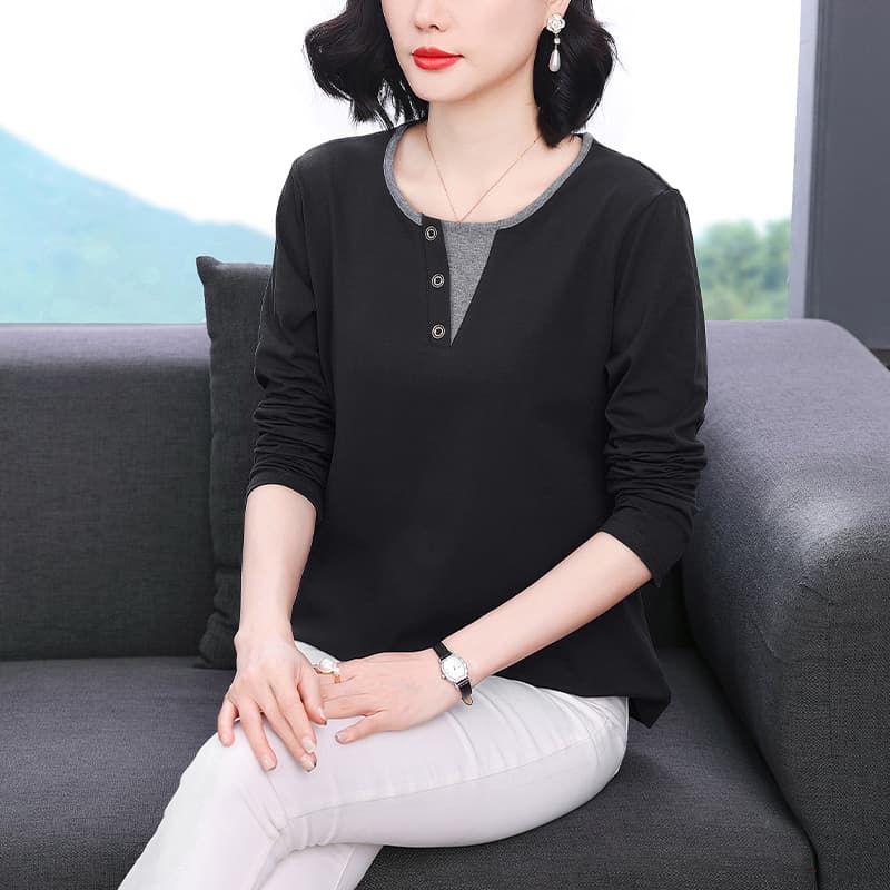 디자인 센스 순면 티셔츠 여성 긴 소매 가을 의상 2025 새로운 루즈핏 표지 배 중년 엄마 외국 가스 맨위 봄 이미지 3