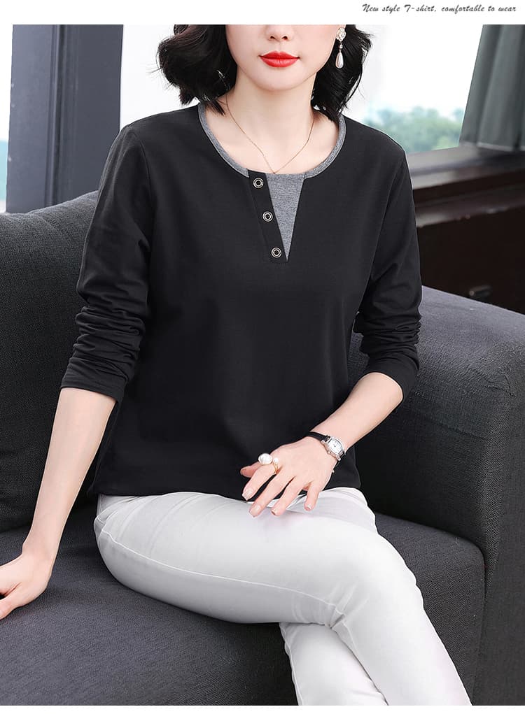 디자인 센스 순면 티셔츠 여성 긴 소매 가을 의상 2025 새로운 루즈핏 표지 배 중년 엄마 외국 가스 맨위 봄 상세 이미지 9