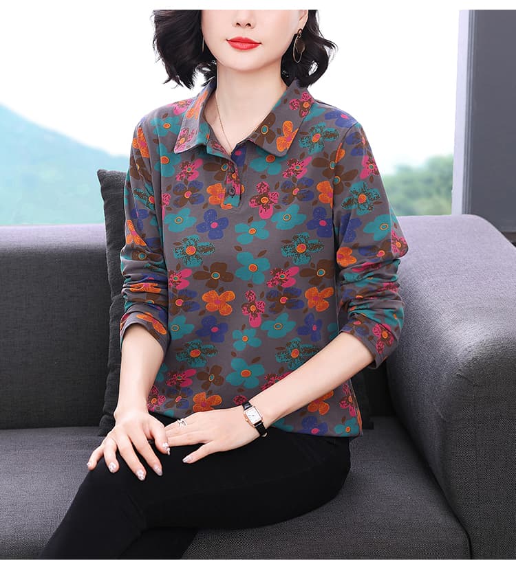 가을 새로운 외국 가스 프린트 폴로 칼라 여성 셔츠 패션 연령 감소 중년 어머니 드레스 순면 루즈핏 긴팔 맨위 상세 이미지 13