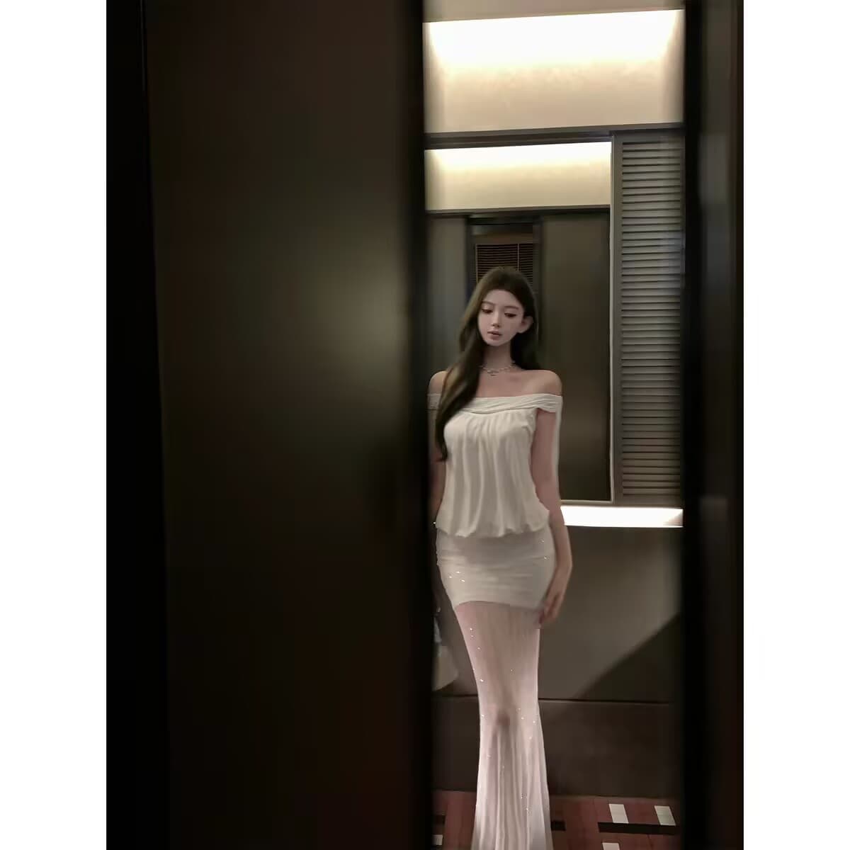 kubiliv1 20 일 켜기 새로운 분위기 아름다움 주름 민소매 맨위 레이스 인어 꼬리 롱 스커트 세트 이미지 2