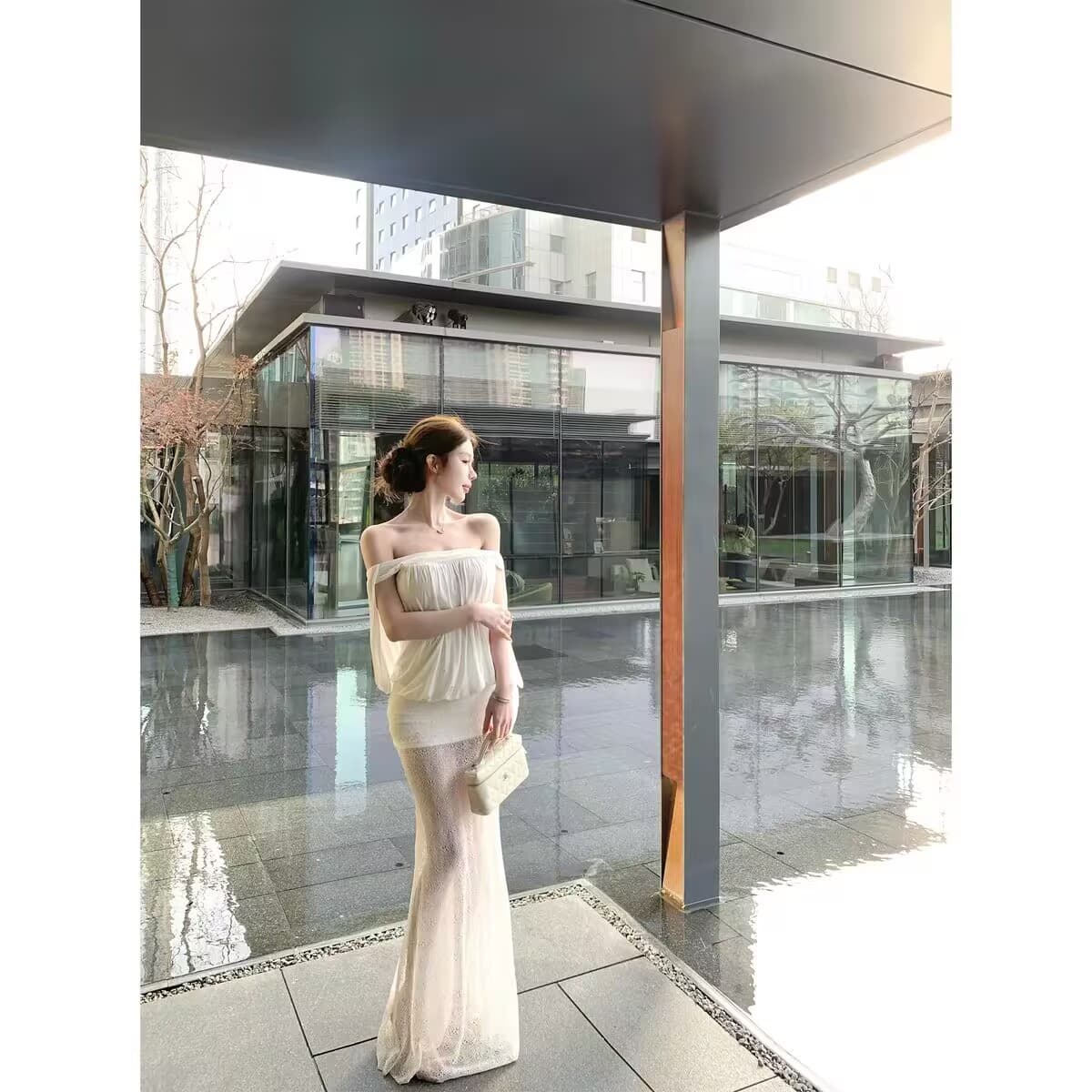 kubiliv1 20 일 켜기 새로운 분위기 아름다움 주름 민소매 맨위 레이스 인어 꼬리 롱 스커트 세트