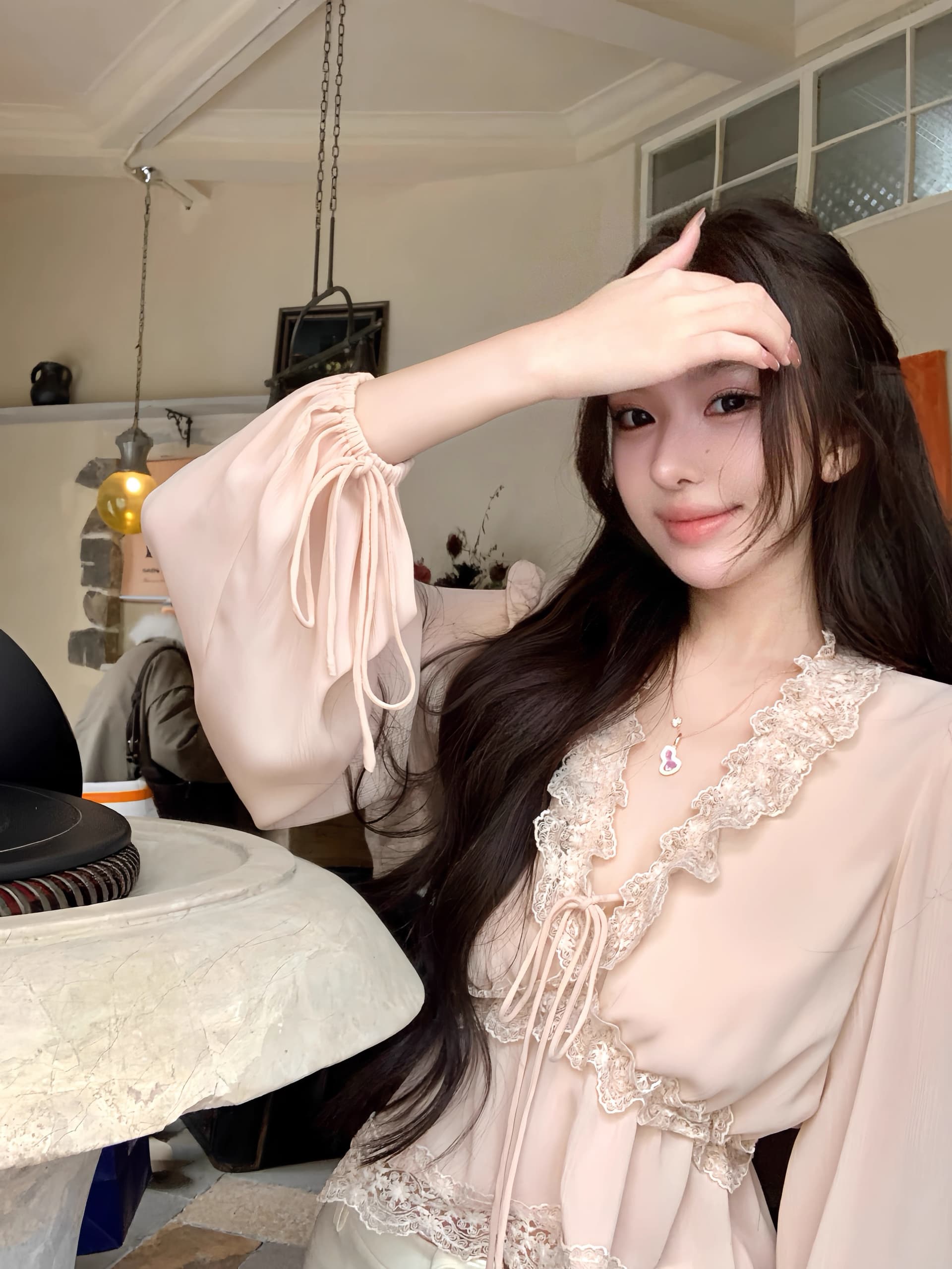 oyff 어디서? 어디서? 와라. 싱글 베를린 일몰 프랑스식 순수한 욕망 V넥 레이스 여성 셔츠 거품 소매 허리 수축 작은 셔츠 이미지 2