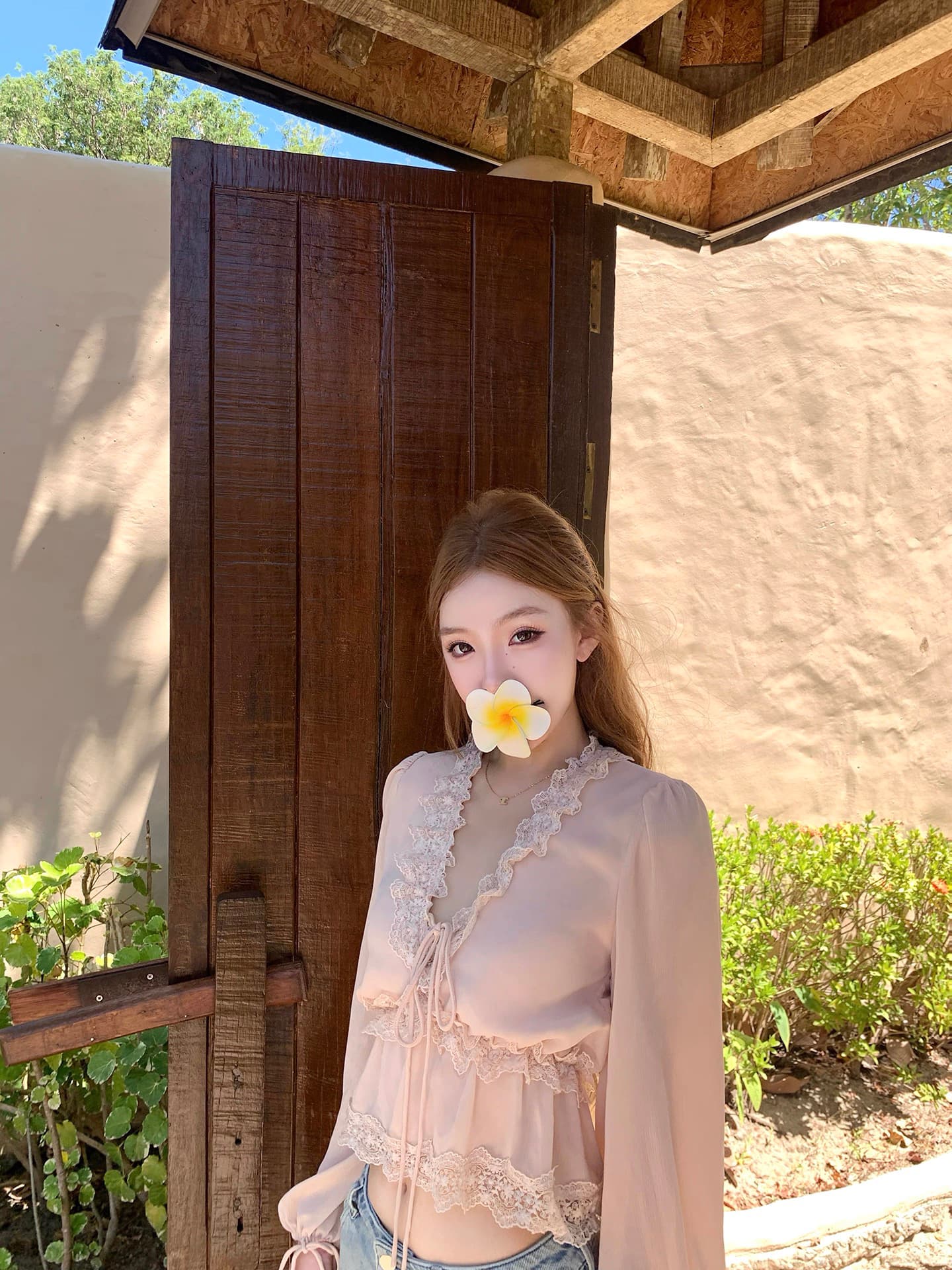 oyff 어디서? 어디서? 와라. 싱글 베를린 일몰 프랑스식 순수한 욕망 V넥 레이스 여성 셔츠 거품 소매 허리 수축 작은 셔츠 이미지 3