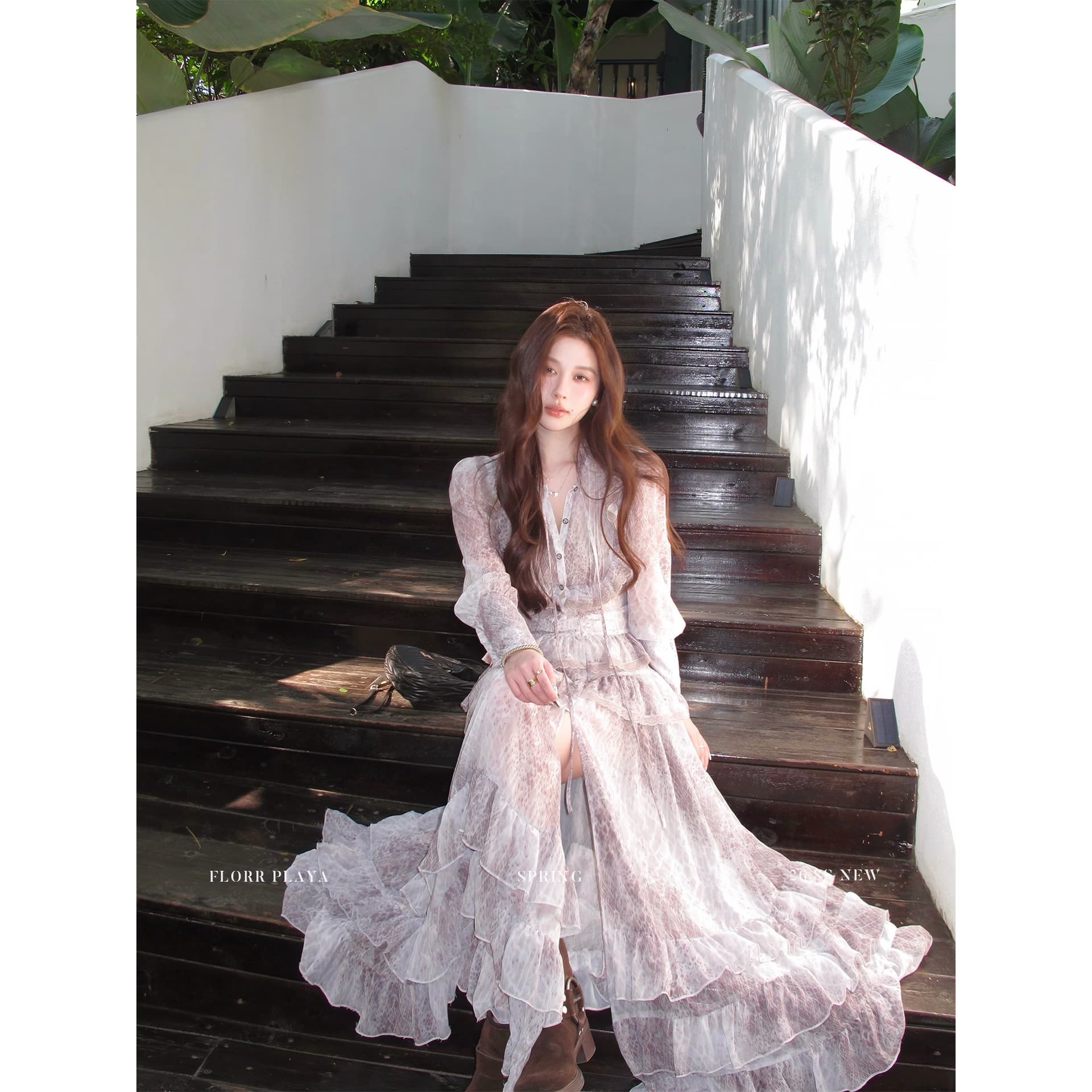 꽃 위안 봄날 아빠 S 티 프랑스식 프릴 레오파드 무늬 쉬폰 셔츠 세트 여성 휴가 바람 트임 반 스커트 이미지 5