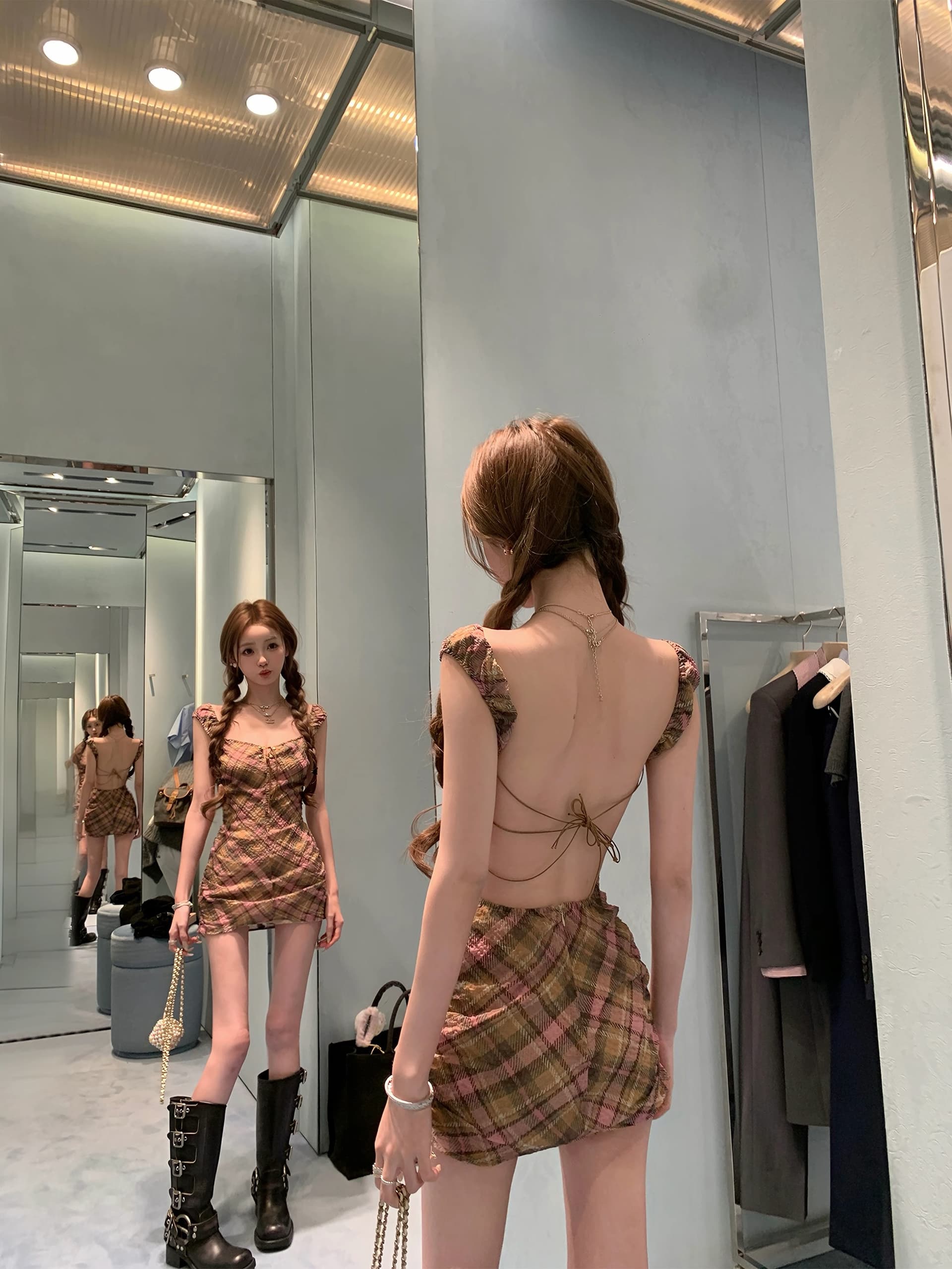 너 ~ 중 게으른 llan 밤나무 용 고양이 둘 색상 소녀 센스 체크무늬 섹시함 백리스 광장 칼라 여성 드레스