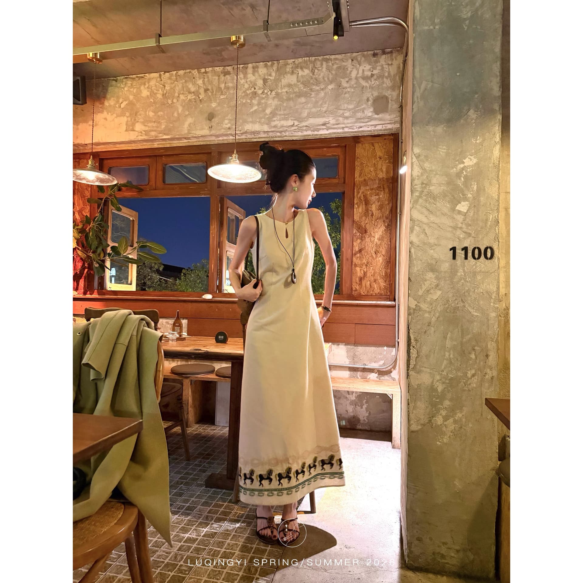 왜가리 녹색 하나 오리지널 긴 정자 외부 면 아마 자수 여성 드레스 여름 한 마디 허리 수축 몸매 가꾸기 민소매 맨위 이미지 6