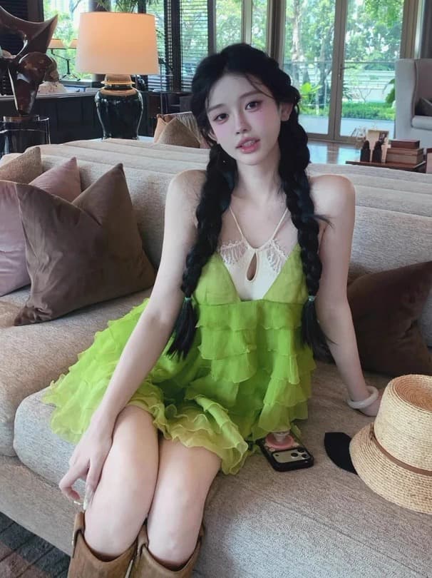 바다 소금 뮤 S 2026 여름 새로운 휴가 바람 달콤함 품격 슬립 여성 드레스 V넥 조끼 미니 스커트 이미지 3