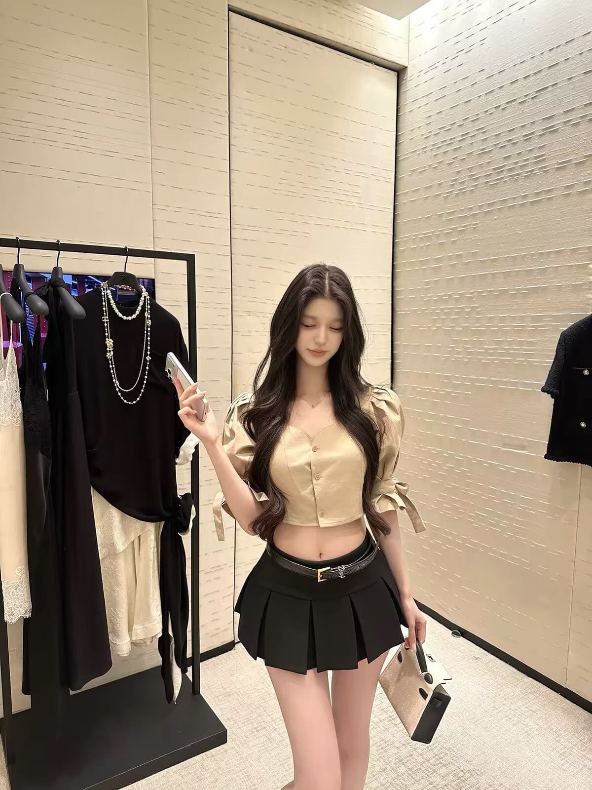 kubiliv 원 영어 미학 한 부서 거품 소매 셔츠 플리츠 반 스커트 미니 스커트 달콤한 매운맛 분위기 센스 세트