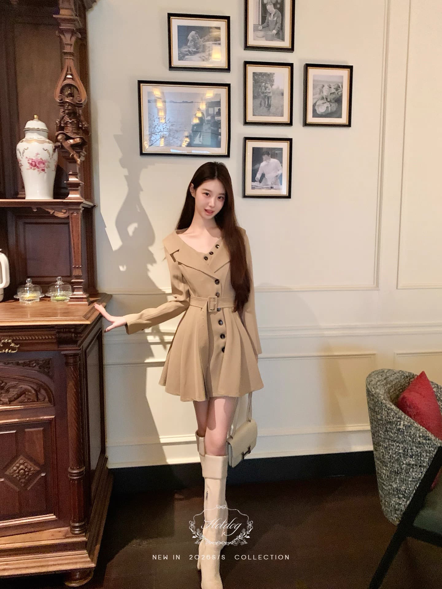 hotdog 핫도그 매우 매운맛 오래된 꿈 프로필 모양 허리 수축 슬림해 보이는 긴팔 여성 드레스 작은 대중 Chic 미니 스커트 이미지 4