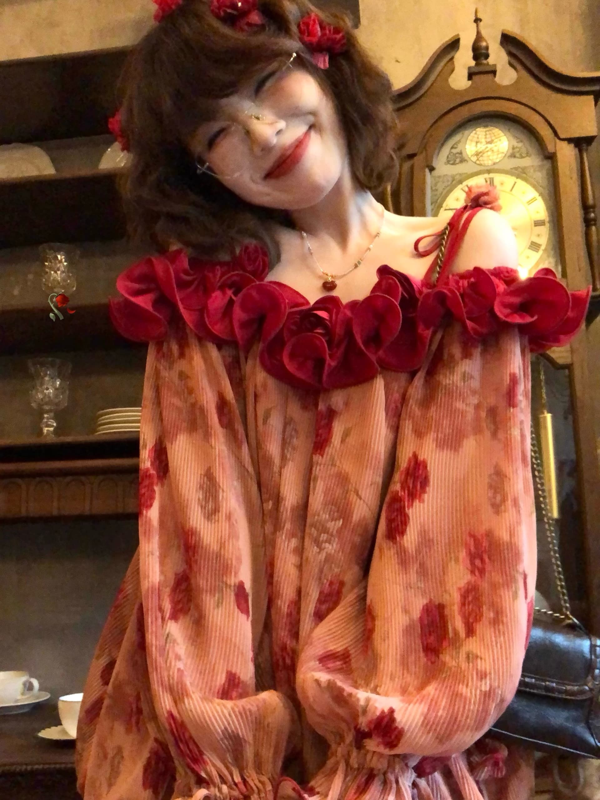 입력 회원 즐기십시오 신제품 9시 접기 유화 장미 레트로 와인 빨간색 레이스 칼라 오프숄더 꽃밭 치마 가을