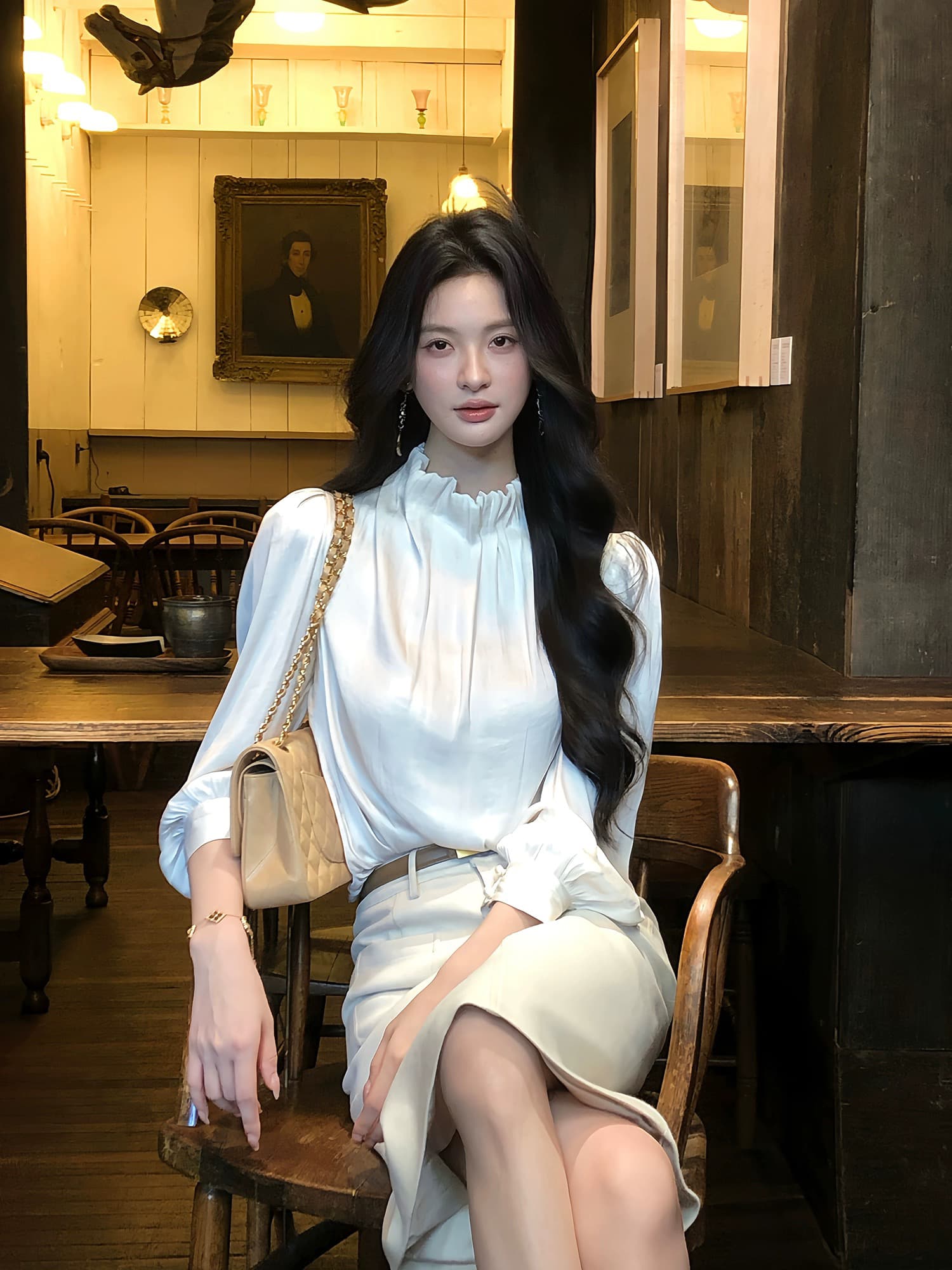 하나부터 순간 만 상황 프랑스식 수공 Pleat 스탠드 칼라 거품 소매 셔츠 하이웨이스트 스트레이트 반 스커트 출퇴근 세트 이미지 2
