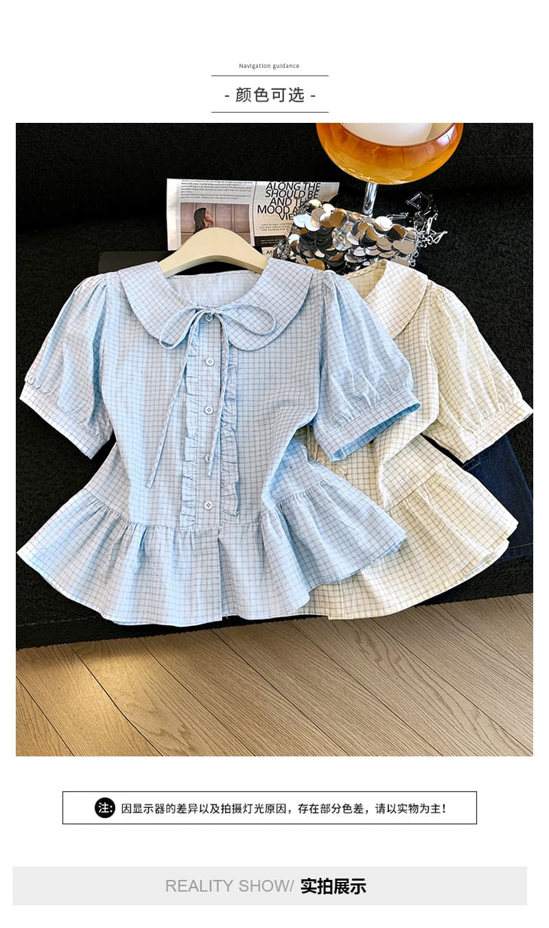 2026 여름 새로운 한 부서 체크무늬 베이비 칼라 거품 소매 여성 셔츠 연령 감소 레이스업 슬림해 보이는 작은 키 맨위 상세 이미지 4