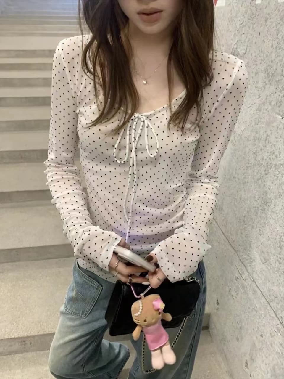 도트 무늬 긴팔 티셔츠 여성 싱글 착용 얇은 스타일 망사 시스루 맨위