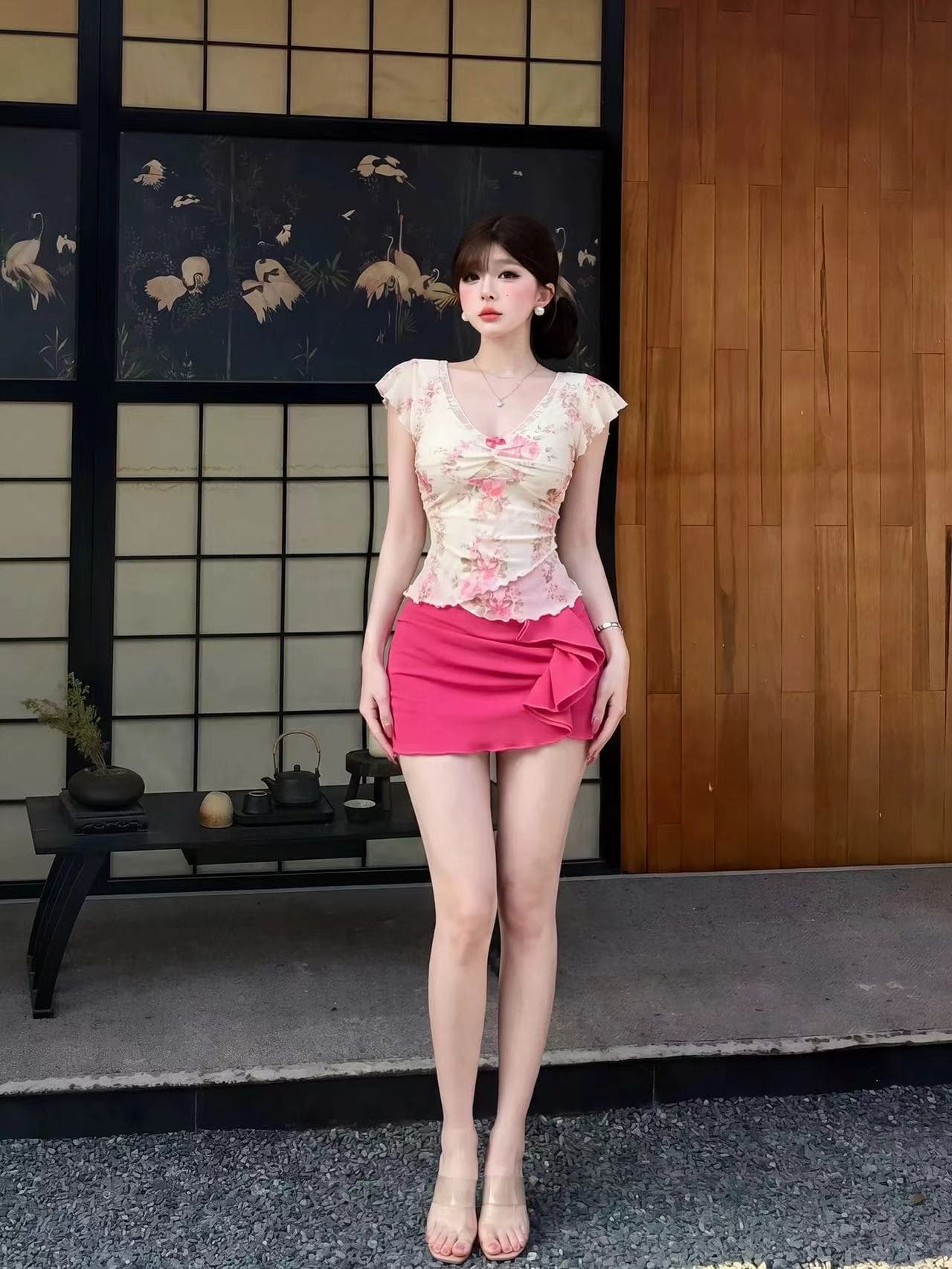 mejiu 꿀 나인 얕은 쇼어 책 제인 레이스 V넥 날다 소매 꽃무늬 반팔 여름 달콤함 핫걸 순수한 욕망 센스 이미지 4