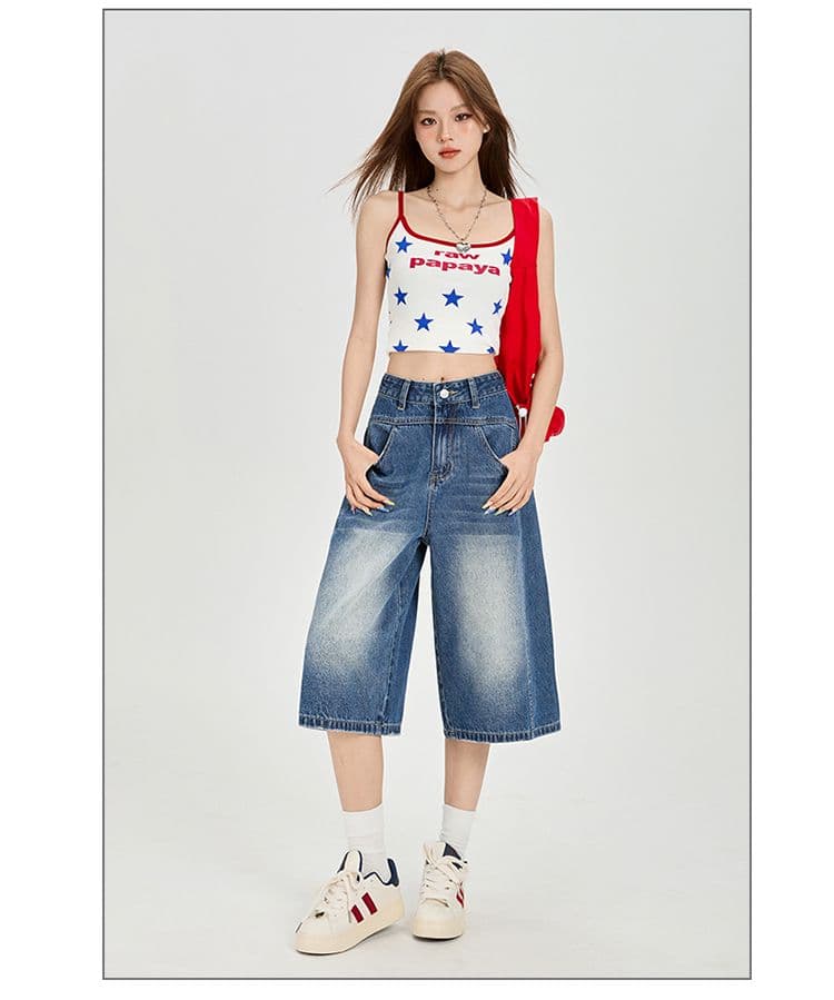 여름 신제품 아메리칸 거리 마 오래된 7 점 데님 반바지 여성 하이웨이스트 루즈핏 다용도 와이드 레그 팬츠 상세 이미지 9