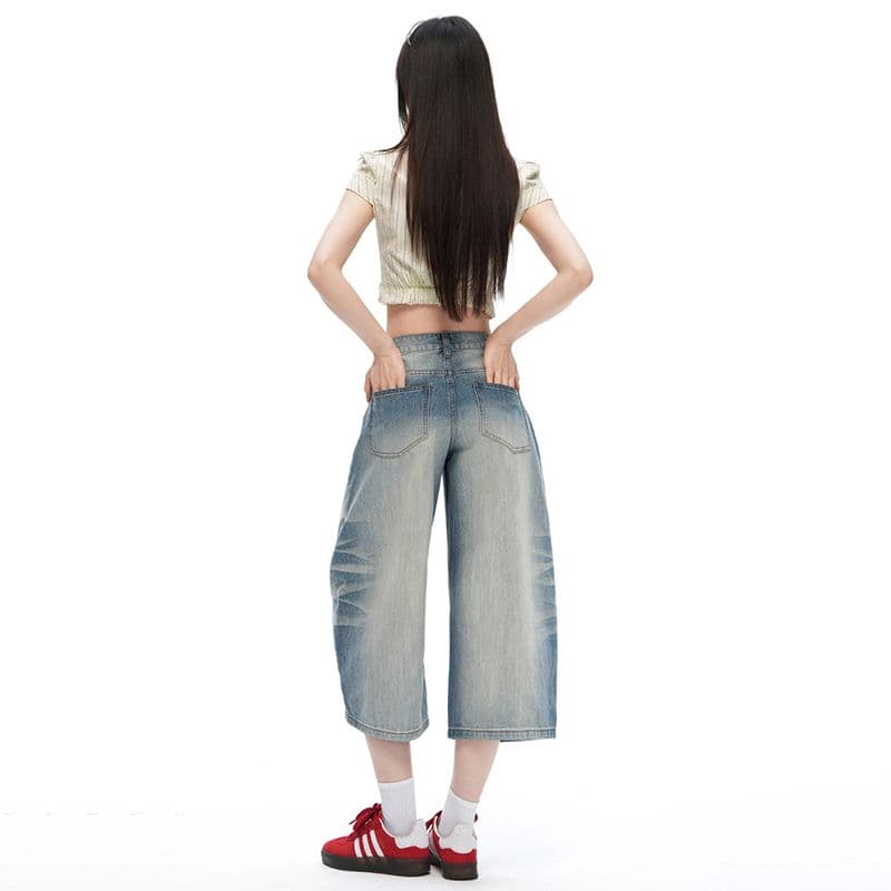 실사 무거운 작업 고양이 반드시 디자인 7부 바지 여름 새로운 모통이 칼 곡물 대나무 마디 원단 루즈핏 넓은 다리 청바지 여성 이미지 4