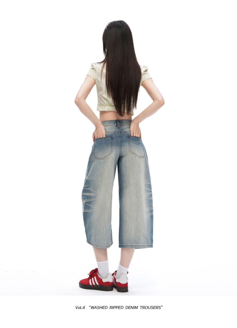실사 무거운 작업 고양이 반드시 디자인 7부 바지 여름 새로운 모통이 칼 곡물 대나무 마디 원단 루즈핏 넓은 다리 청바지 여성 상세 이미지 19