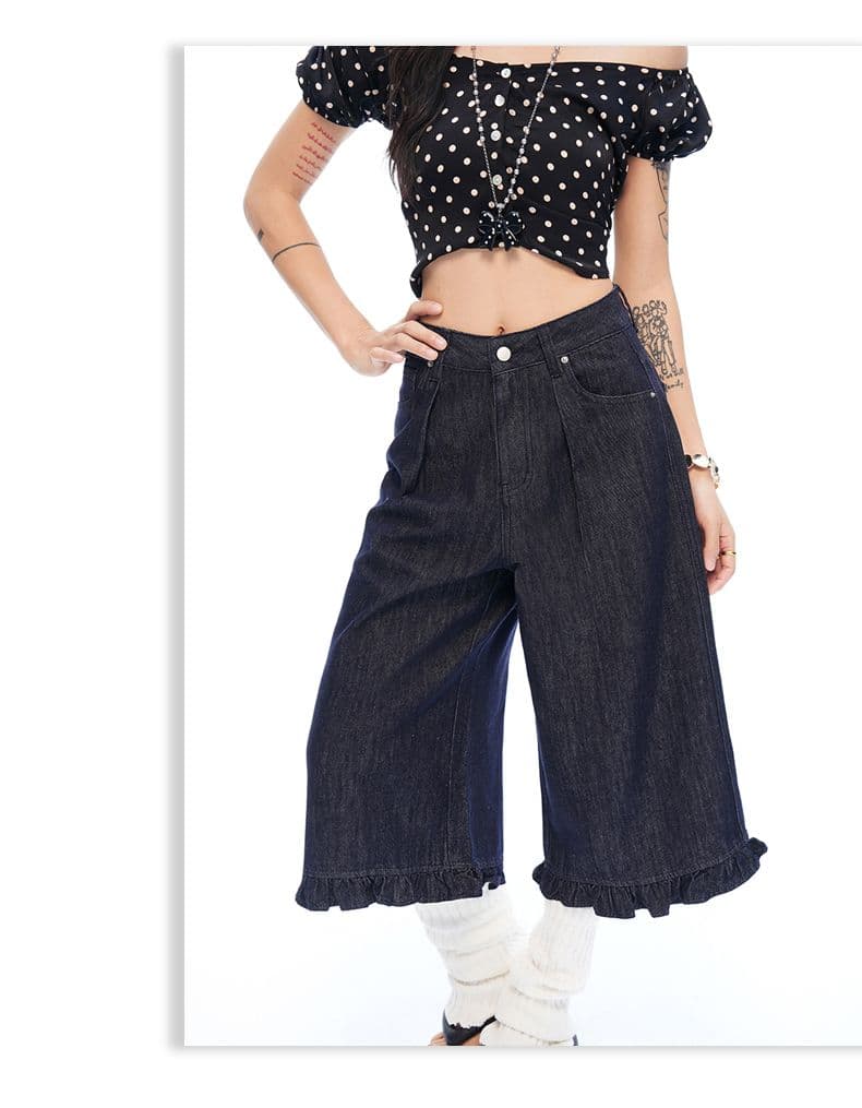 실사 디자인 센스 레이스 버드 나무 못 청바지 여성 여름 새로운 하이웨이스트 루즈핏 넓은 다리 스트레이트 다용도 7부 바지 상세 이미지 16