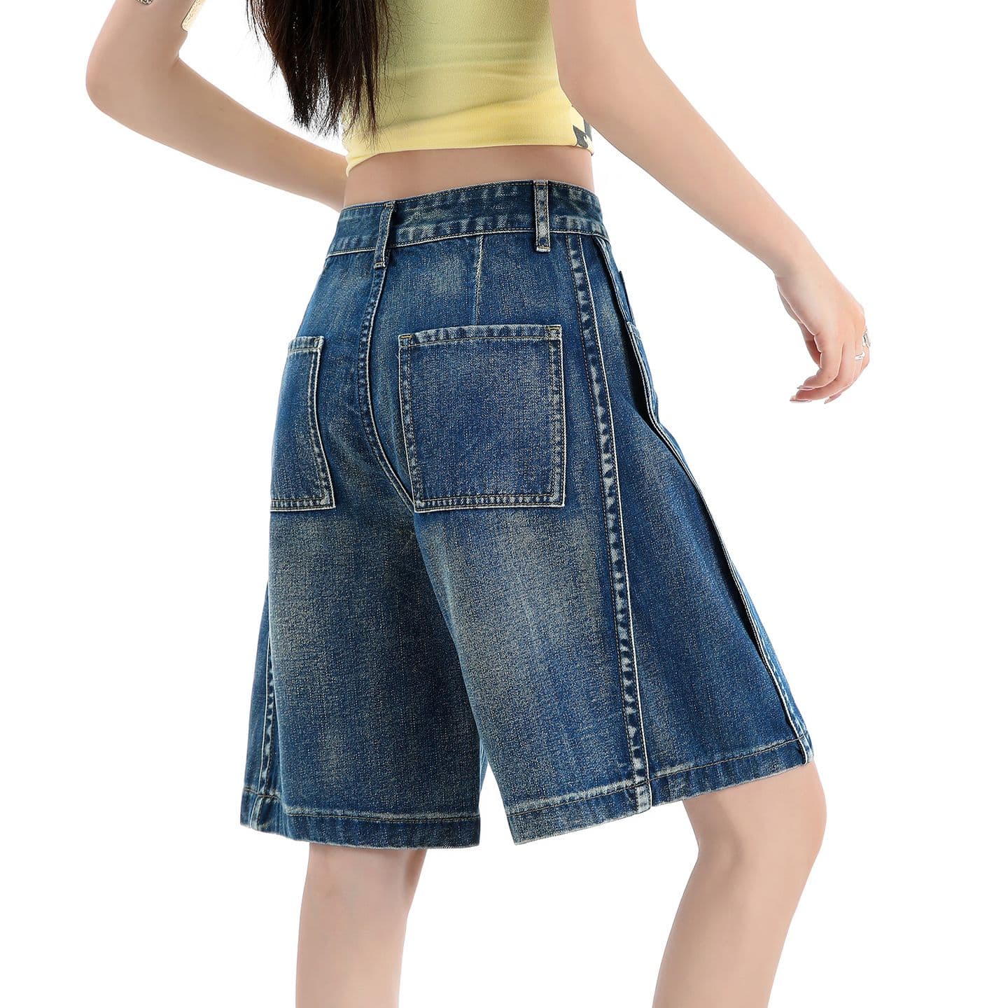 여름 개성 패치워크 디자인 아메리칸 루즈핏 데님 오부 바지 여성 루즈핏 넓은 다리 작은 키 스트레이트 바지 여성 이미지 5