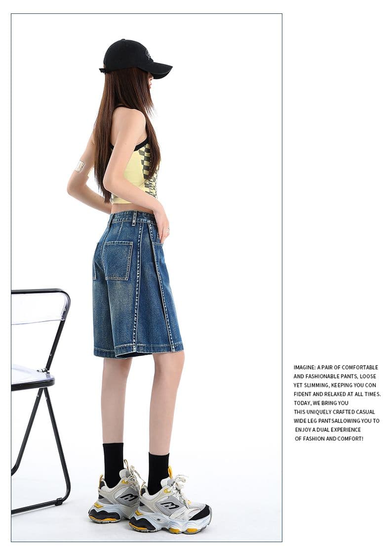 여름 개성 패치워크 디자인 아메리칸 루즈핏 데님 오부 바지 여성 루즈핏 넓은 다리 작은 키 스트레이트 바지 여성 상세 이미지 18