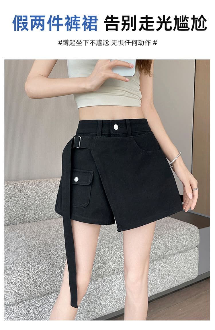 실사 여름 검정색 페이크 레이어드 데님 반바지 여성 새로운 불규칙 하이웨이스트 슬림해 보이는 한 마디 뜨거운 바지 트렌디 상세 이미지 7
